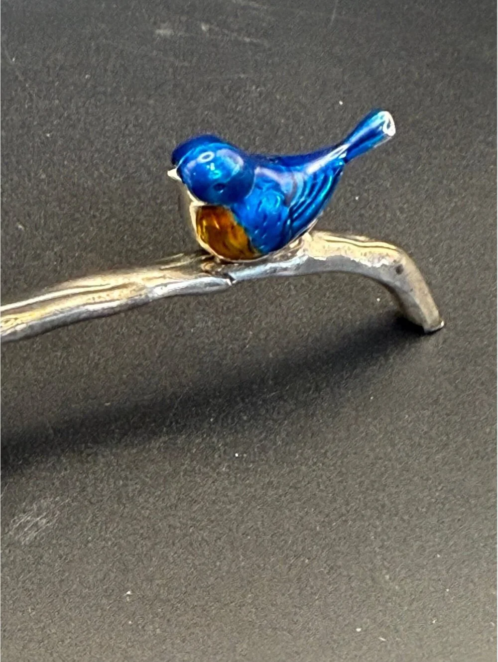 Vintage Silver Tone Tea Strainer Spoon Blue Enamel Bird Branch Handle